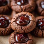 Homemade chocolate thumbprint cookies topped with glossy ganache and a bit of red jam, showing cracked edges and rich brown texture under warm natural light.