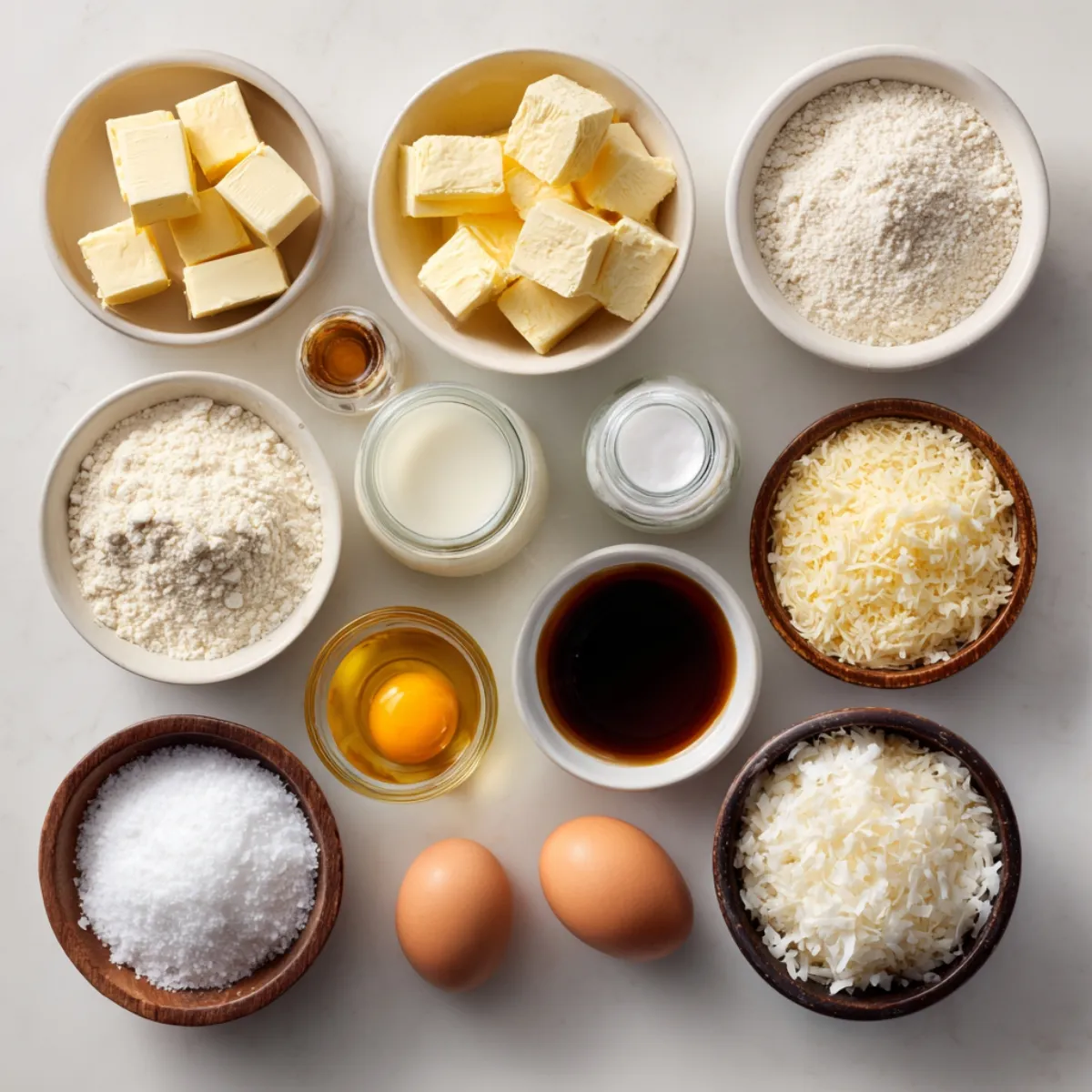 Top-down view of baking ingredients on a white counter for a homemade coconut cloud cake—bowls of butter, flour, sugar, grated coconut, eggs, milk, vanilla, almond extract, and baking powder.