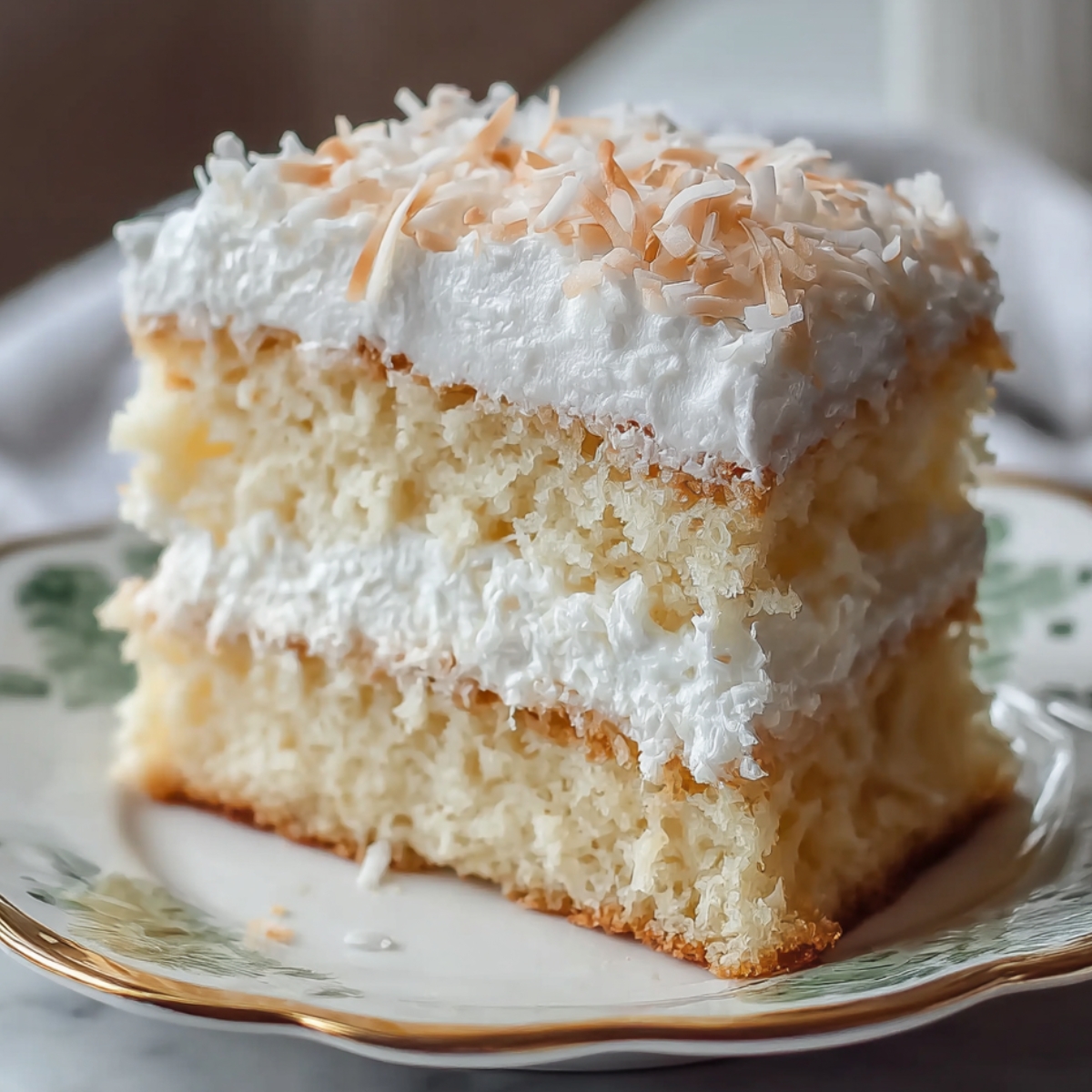 A slice of homemade coconut cloud cake with fluffy yellow layers, creamy white frosting, and shredded plus toasted coconut on top, served on a plate.