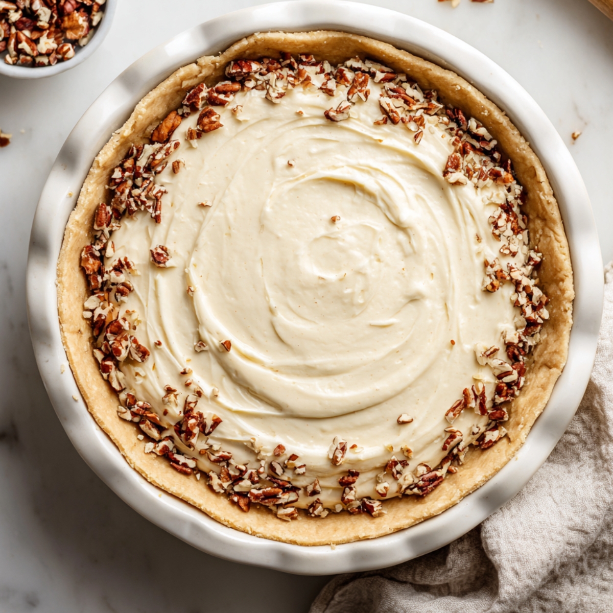 Homemade possum pie with a creamy cream cheese filling and chopped pecans in a white pie dish on a marble countertop, with a small bowl of pecans and a beige kitchen towel nearby.