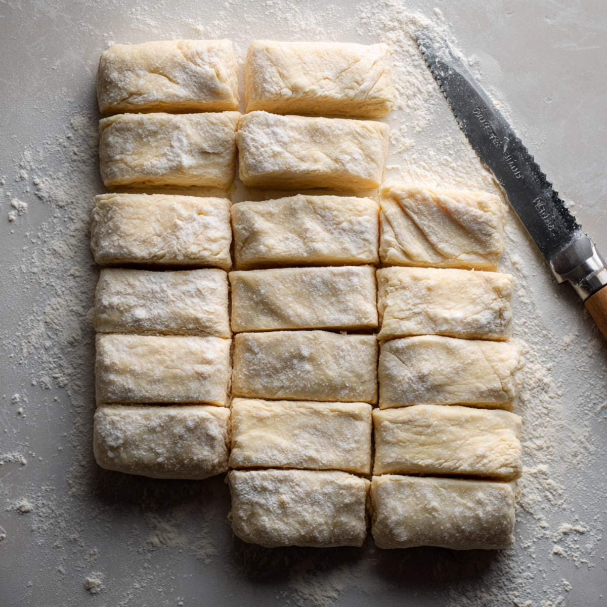 Freshly cut homemade croissant dough pieces dusted with flour on a lightly floured countertop, with a serrated knife beside them, ready to be shaped for chocolate croissants.