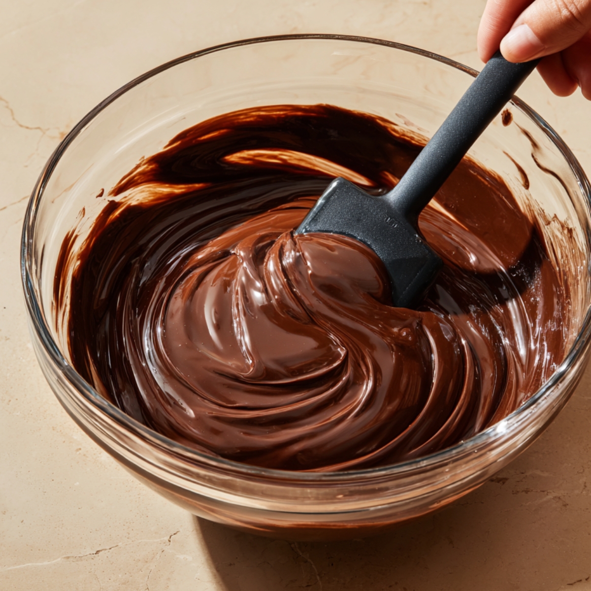 A hand stirring smooth melted chocolate in a glass mixing bowl with a black spatula on a beige countertop, preparing the base for homemade raspberry swirl brownies.