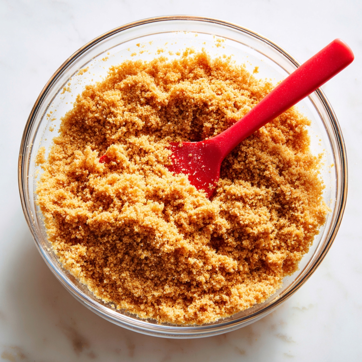 Glass bowl filled with golden graham cracker crust mixture and a red spatula, on a white marble surface in natural light, showing a real homemade baking look.