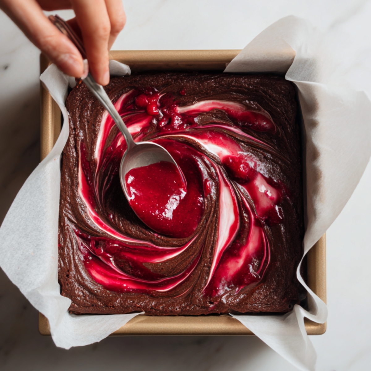 Homemade raspberry swirl brownies in a parchment-lined baking pan, with a hand using a spoon to create vibrant red raspberry swirls in rich chocolate batter on a marble countertop.