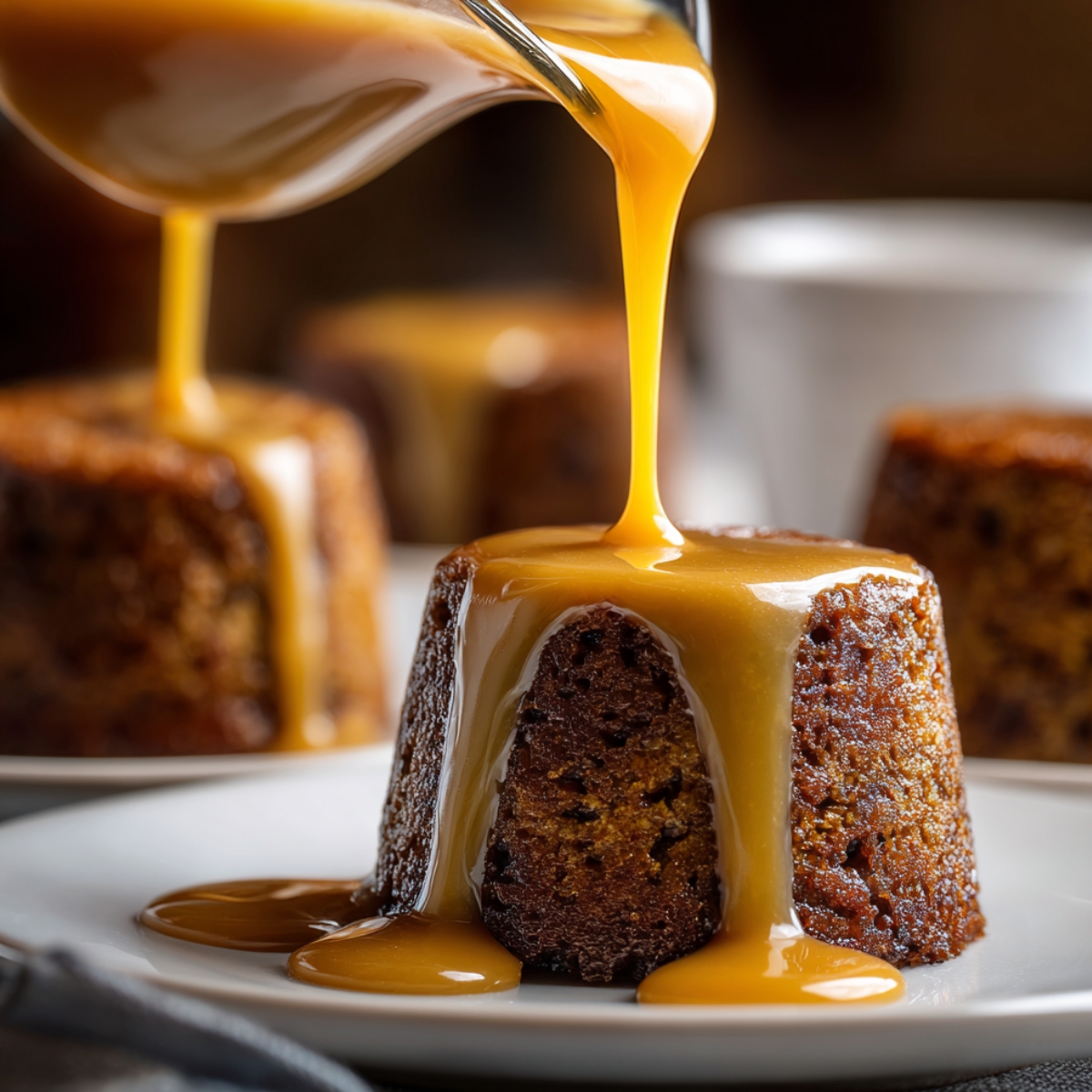 Rich toffee sauce being poured from a small glass jug over mini puddings. The golden sauce drips thickly down the sides of the dark sponge. Close-up shot with natural warm light for a homemade feel.