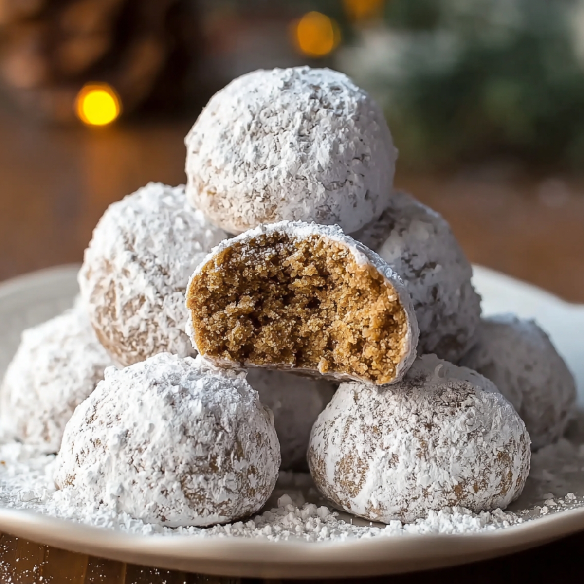 Delicious Gingerbread Snowball Cookies Recipe dusted with powdered sugar, one bitten to show soft spiced center, on a festive plate.