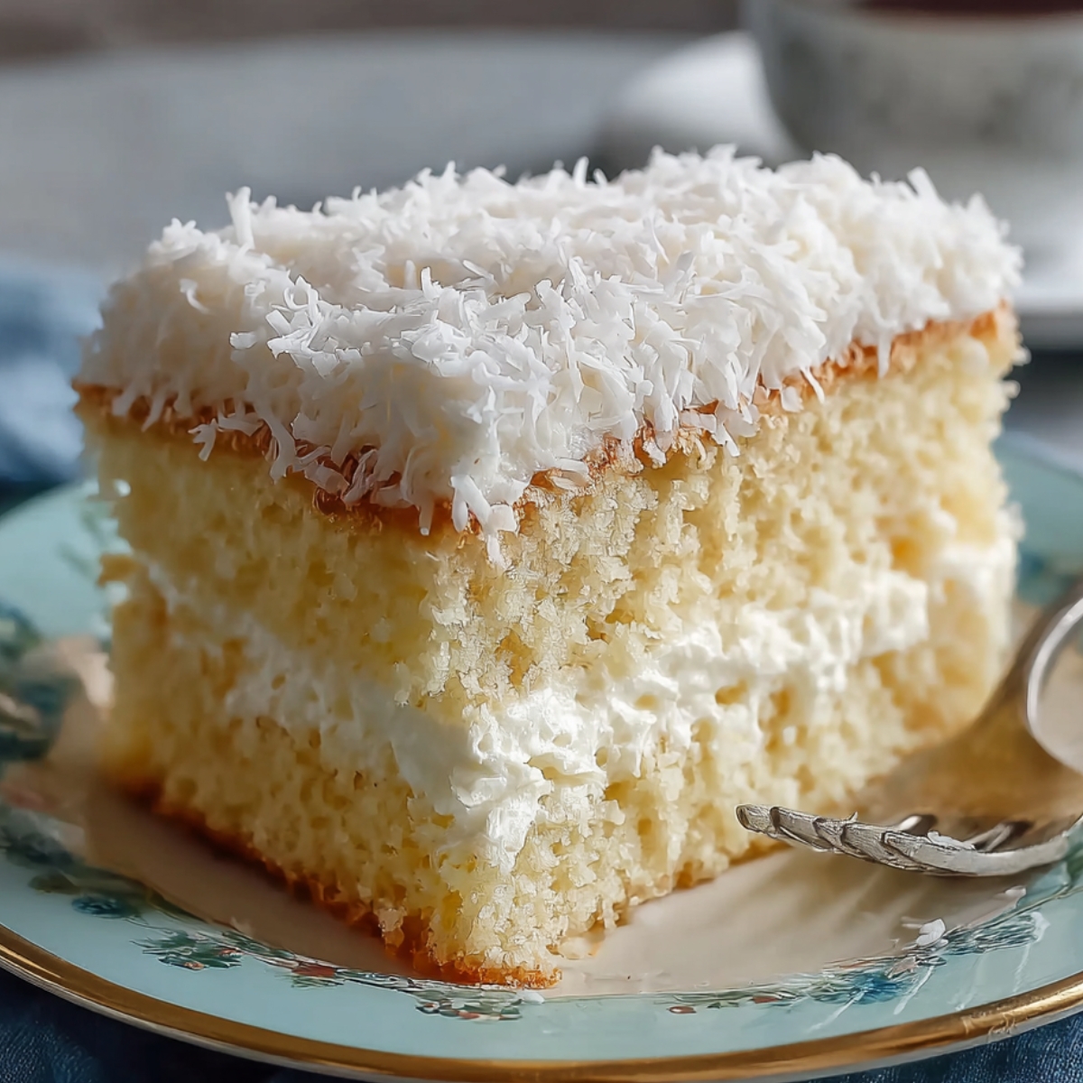 A slice of fluffy coconut cloud cake with creamy frosting and shredded coconut on top, served on a vintage floral plate with a fork.