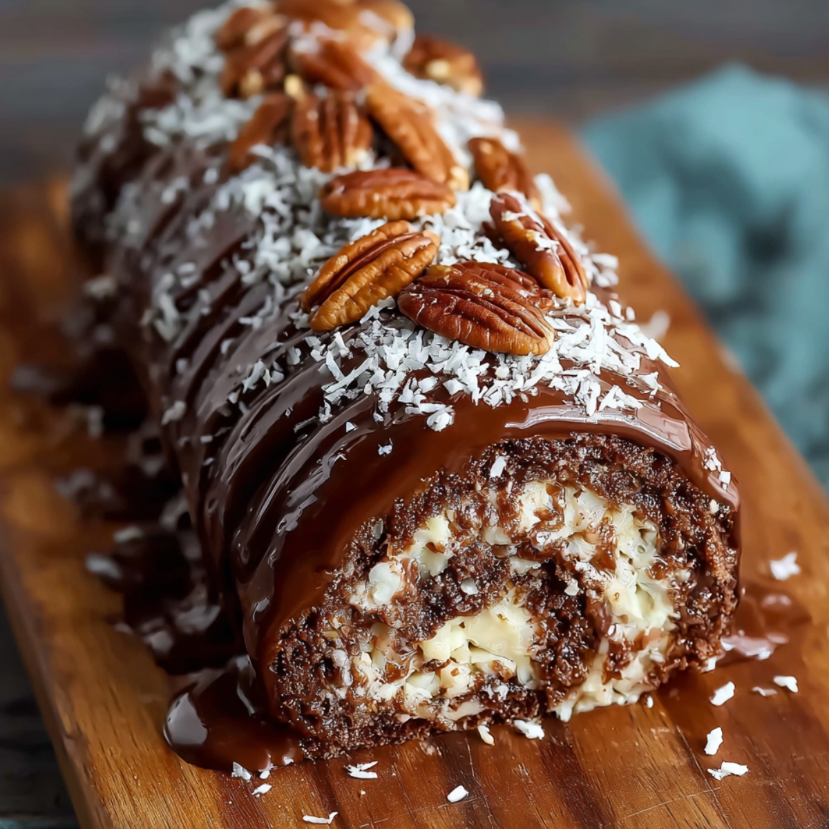 German Chocolate Cake Roll on a wooden board, filled with coconut pecan cream, topped with glossy chocolate glaze, shredded coconut, and pecans, warm natural light, cozy kitchen feel.