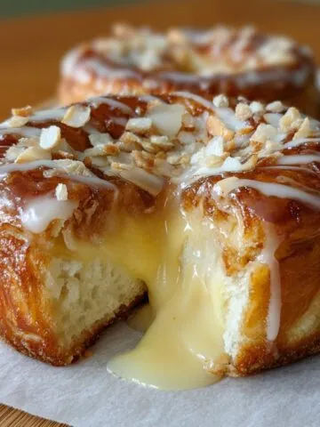 Easy Kings Hawaiian Cheesecake Danish with golden-brown pastry, drizzled glaze, toasted coconut, and creamy cheesecake filling oozing from the center.
