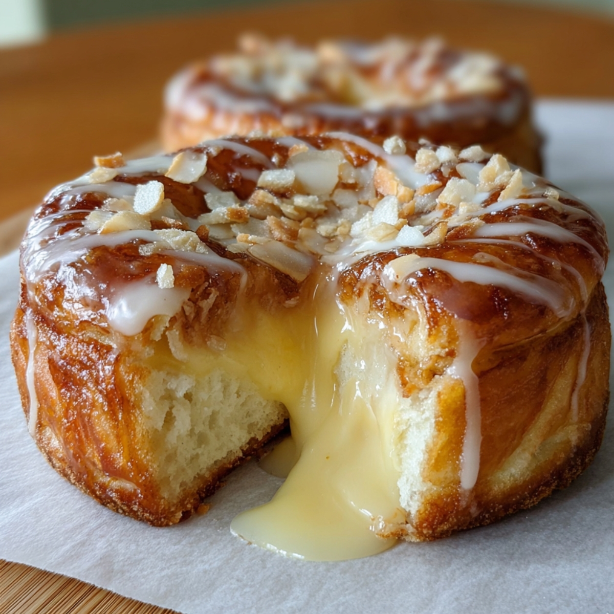 Easy Kings Hawaiian Cheesecake Danish with golden-brown pastry, drizzled glaze, toasted coconut, and creamy cheesecake filling oozing from the center.