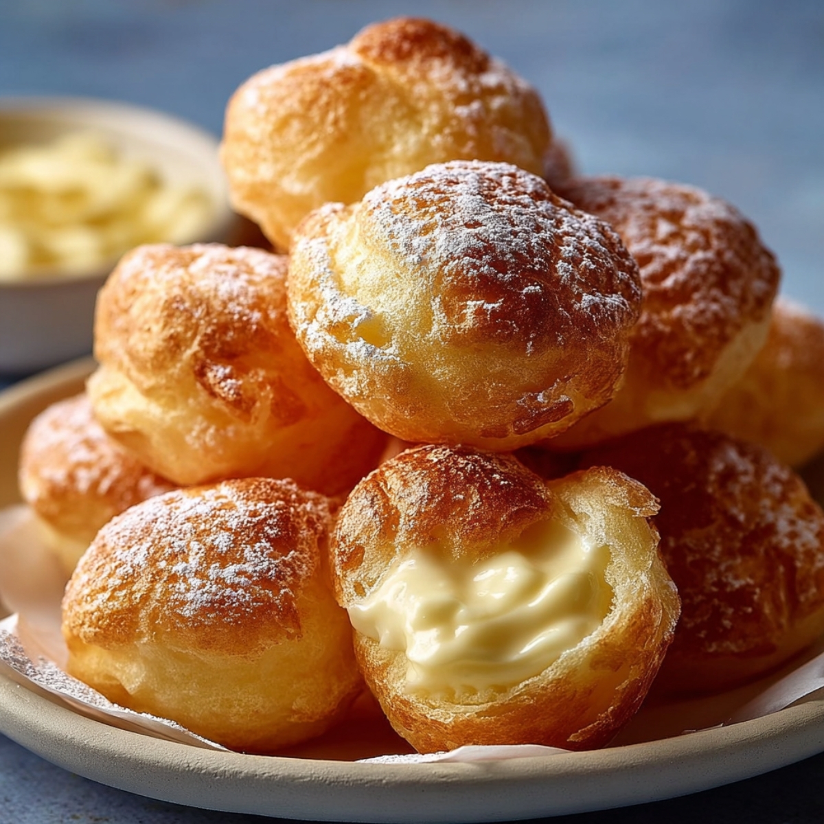 Easy Nun Puffs on a gray plate, dusted with powdered sugar, one broken open to show the soft, airy center in warm natural light.