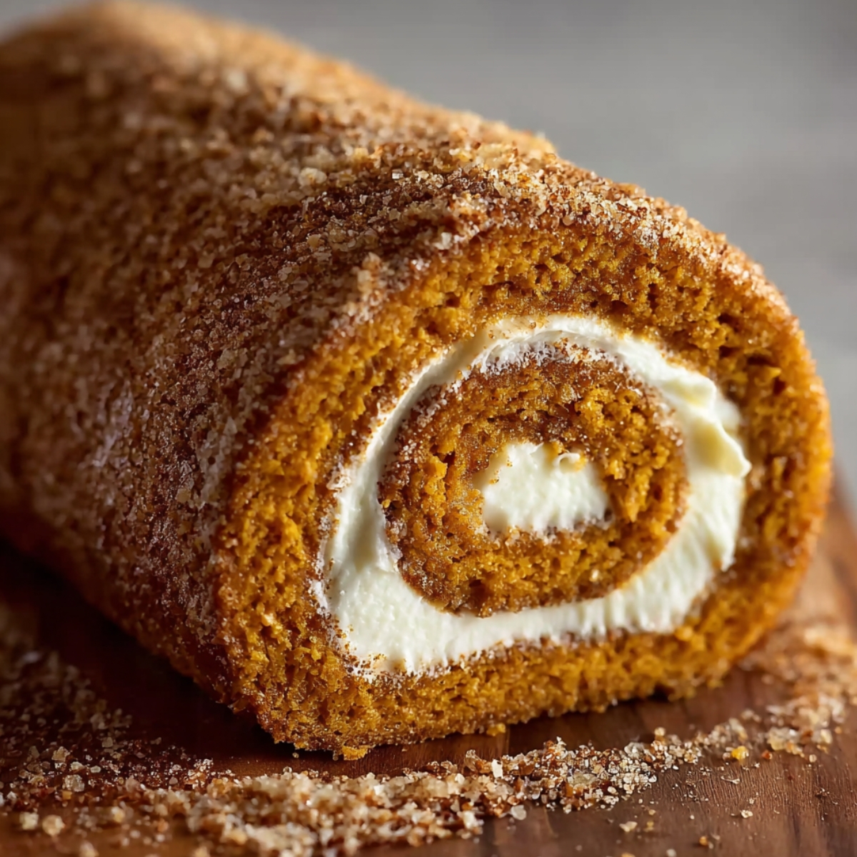 Easy Pumpkin Spice Roll Cake Recipe with cream cheese filling and cinnamon sugar coating on a wooden board.