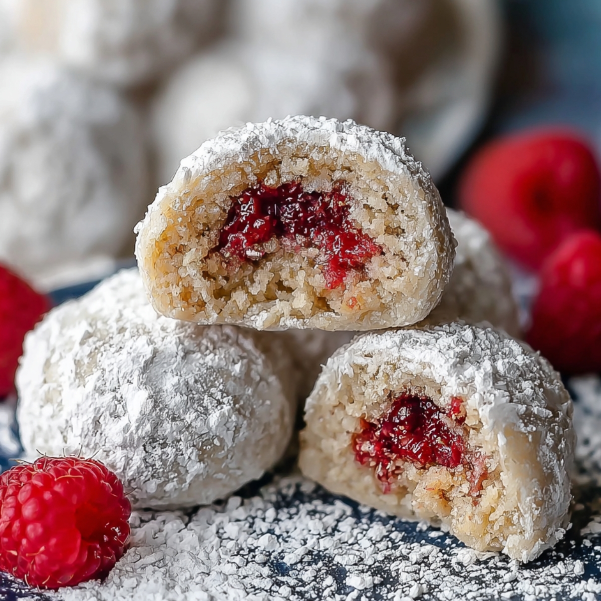 Easy Raspberry Filled Almond Snowball Cookies coated in powdered sugar, one cut open to show raspberry filling, stacked on a plate with a warm, cozy homemade look.
