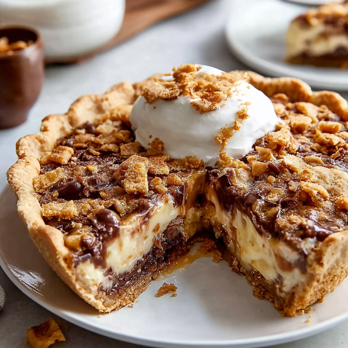 Close-up of a Texas Trash Pie with a slice removed, showing creamy layers, chocolate pudding, and whipped cream, topped with chopped pecans.