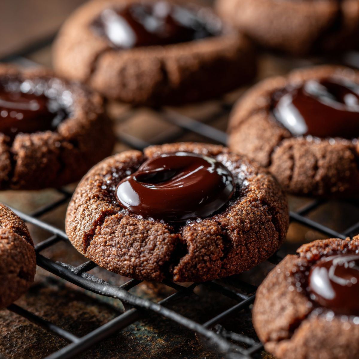 Close-up of homemade chocolate thumbprint cookies with glossy ganache centers on a cooling rack, showing crackled edges and a rich, soft texture under warm natural light.