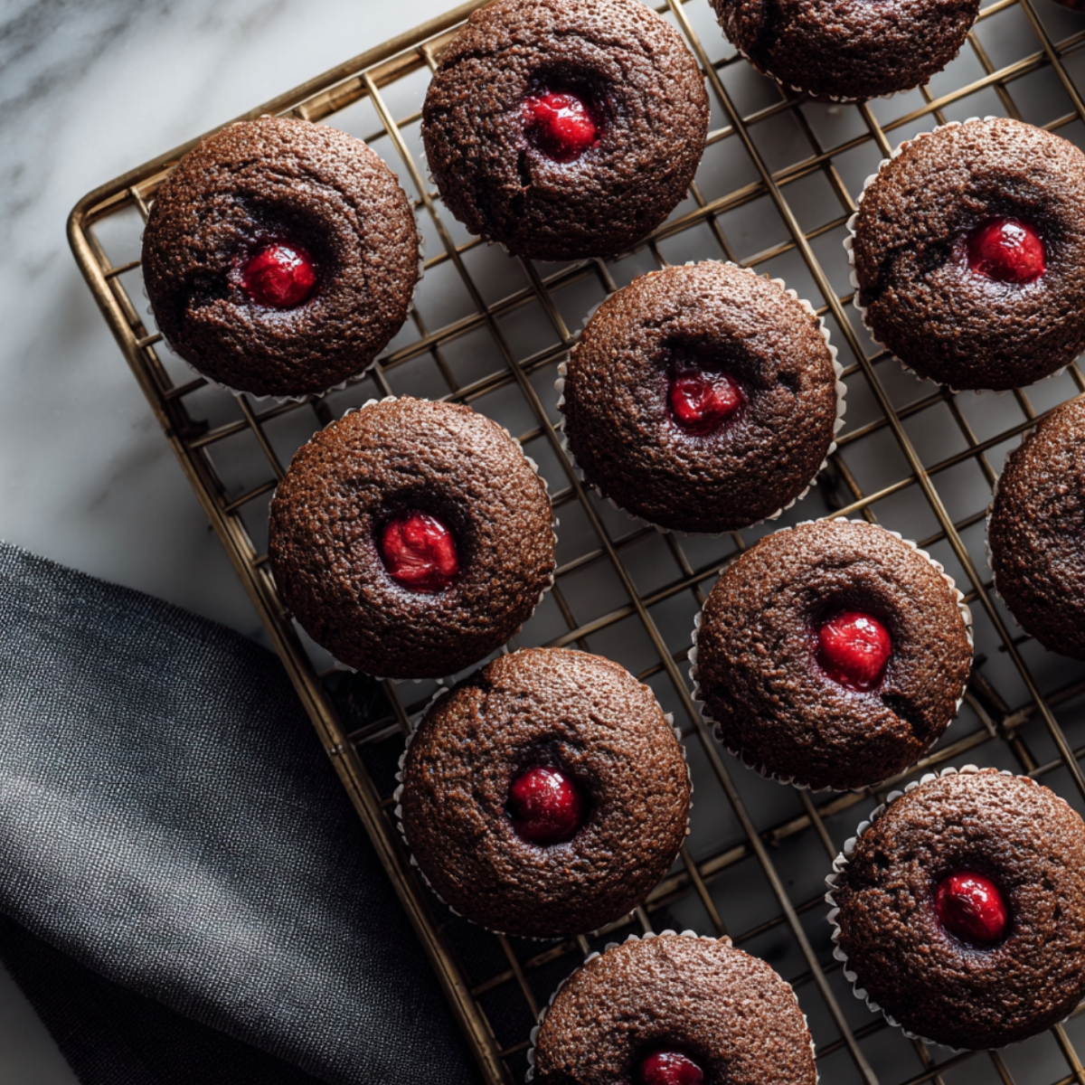 Freshly baked chocolate cupcakes cooling on a wire rack, each filled with bright red raspberry filling in the center, warm and homemade on a marble countertop.