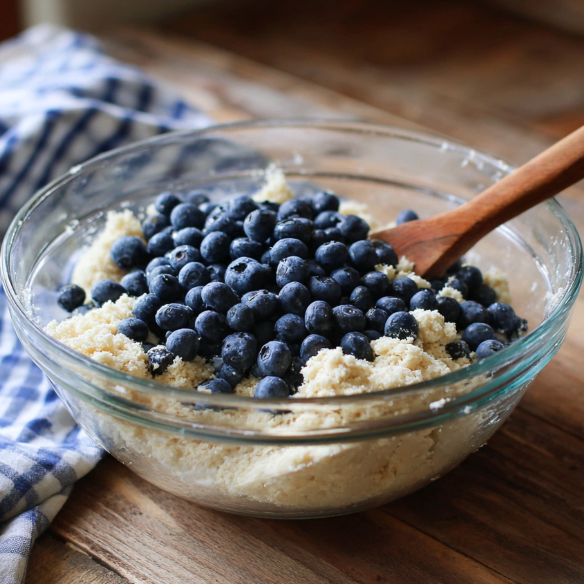 A glass bowl with biscuit dough and fresh blueberries on top, with a wooden spoon resting in the dough. A blue and white checkered cloth is visible in the background.
