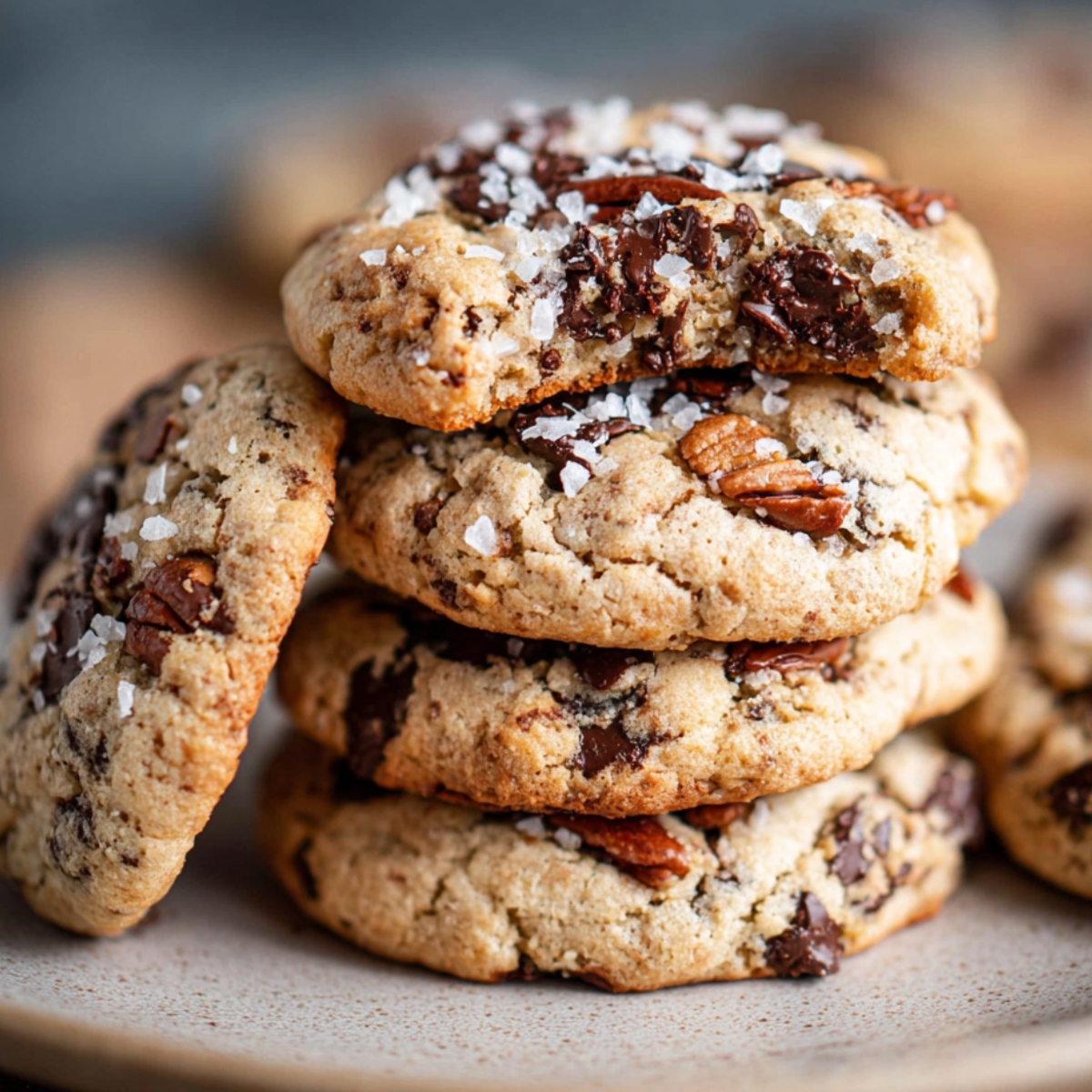 A stack of homemade forgotten cookies with melted chocolate chunks, toasted pecans, and flaky sea salt on top, sitting on a rustic plate in warm natural light.