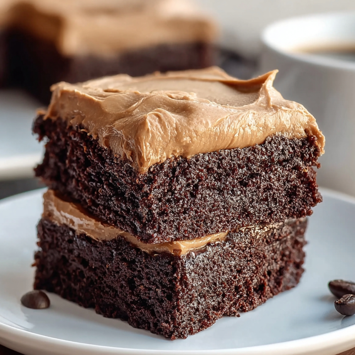 Frosted Coffee Brownies stacked on a white plate, topped with creamy coffee frosting and surrounded by coffee beans.