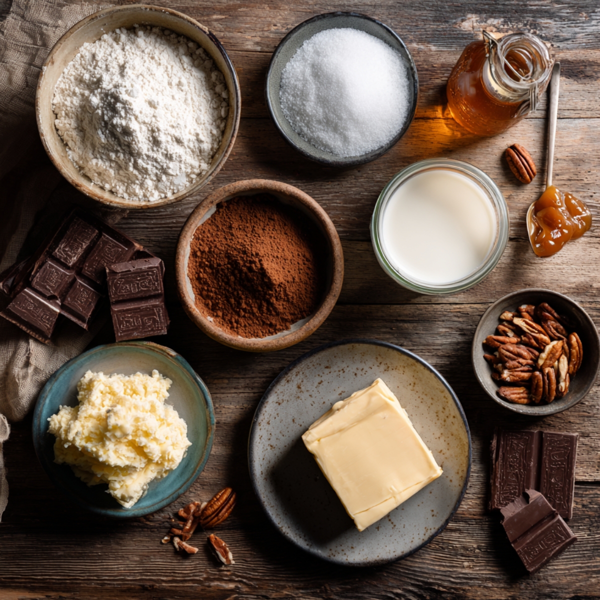 Real homemade German Chocolate Cake Roll ingredients on a rustic wooden table — bowls of flour, cocoa powder, sugar, butter, milk, caramel, pecans, and dark chocolate, warm natural light, cozy kitchen feel.
