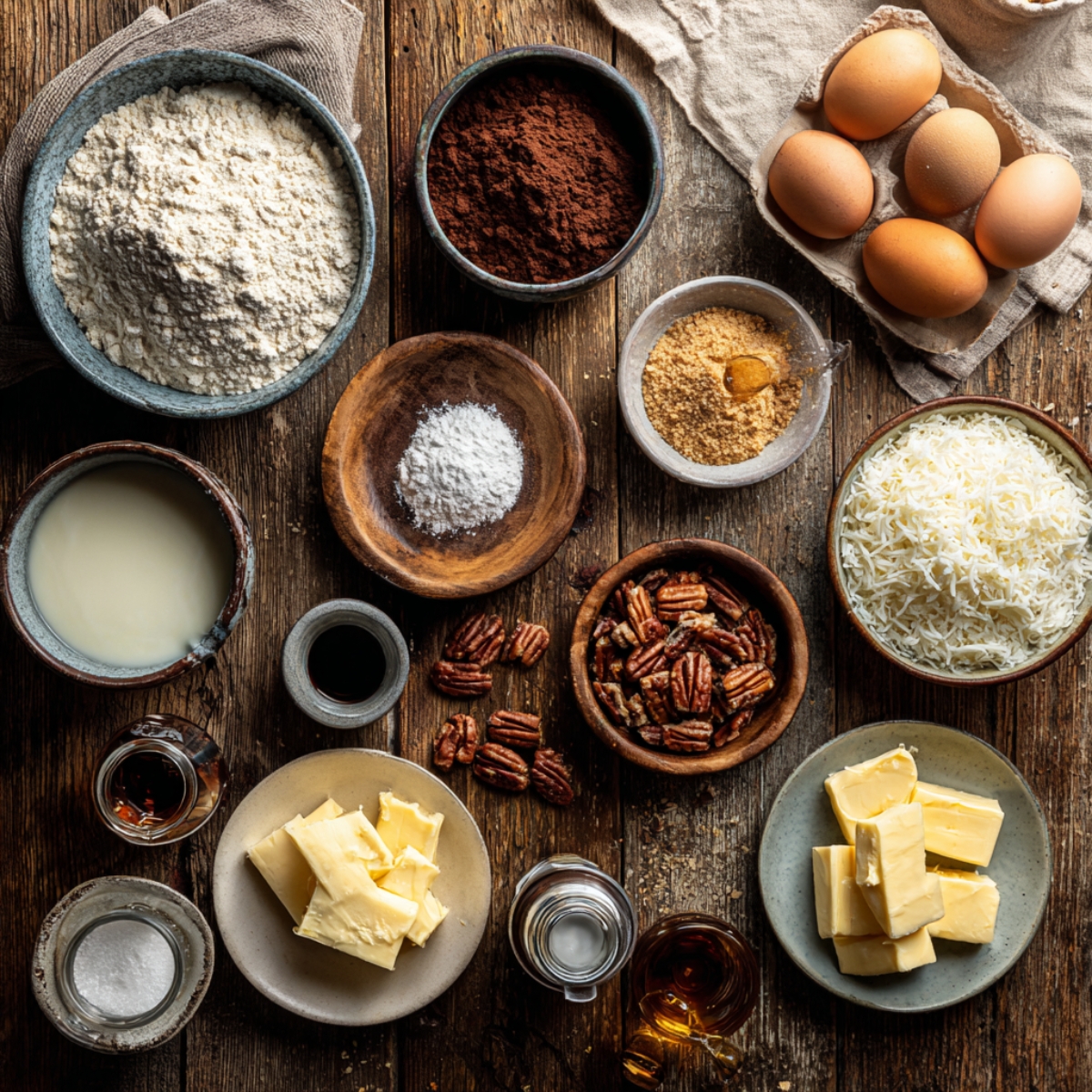 Real homemade German Chocolate Cake Roll ingredients on a rustic wooden table — bowls of flour, cocoa powder, brown sugar, coconut, pecans, butter, eggs, milk, and vanilla, warm natural light, cozy kitchen feel.