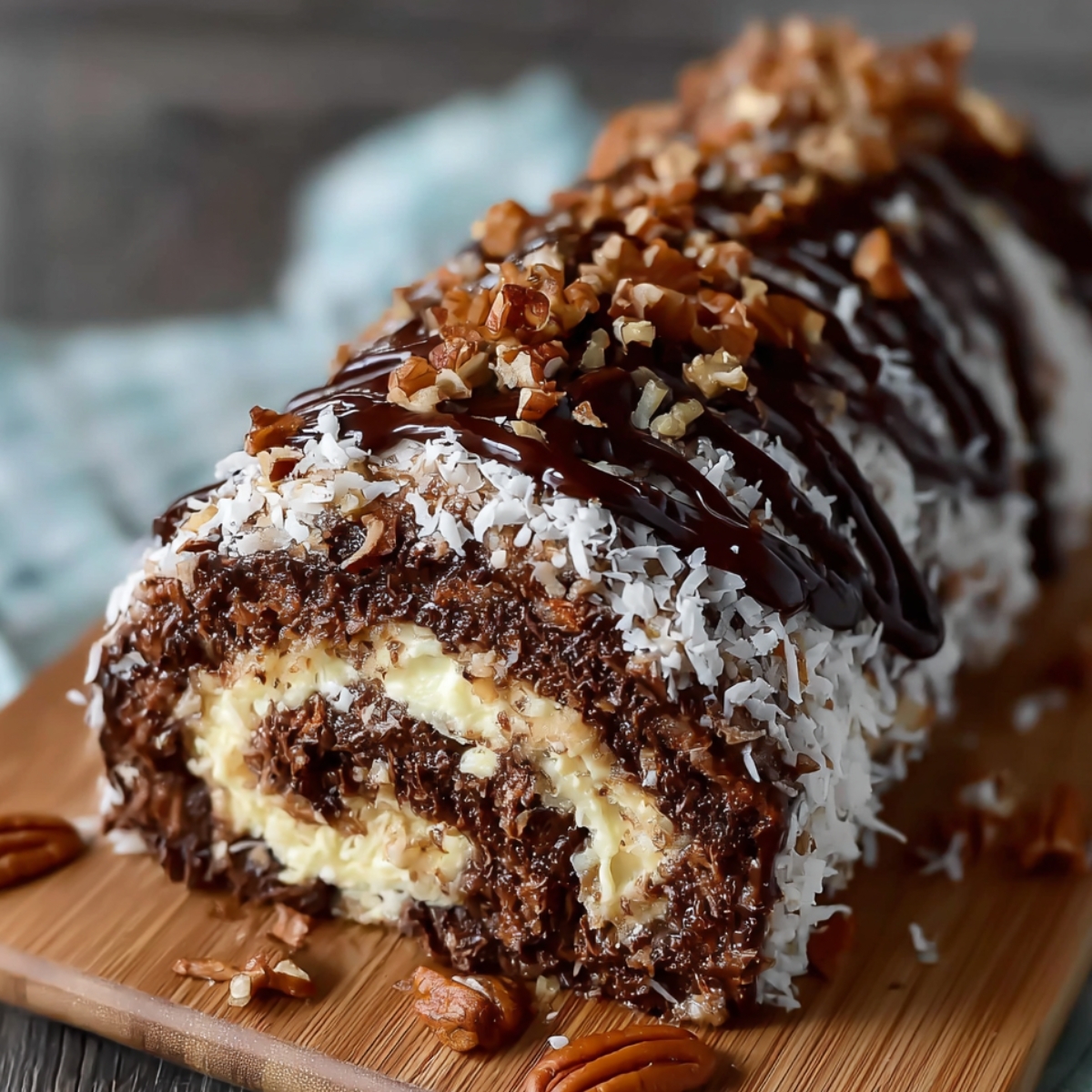 Real homemade German Chocolate Cake Roll on a wooden board, filled with coconut pecan cream, coated in shredded coconut, drizzled with chocolate ganache, topped with chopped pecans, warm natural light, rustic homemade style.