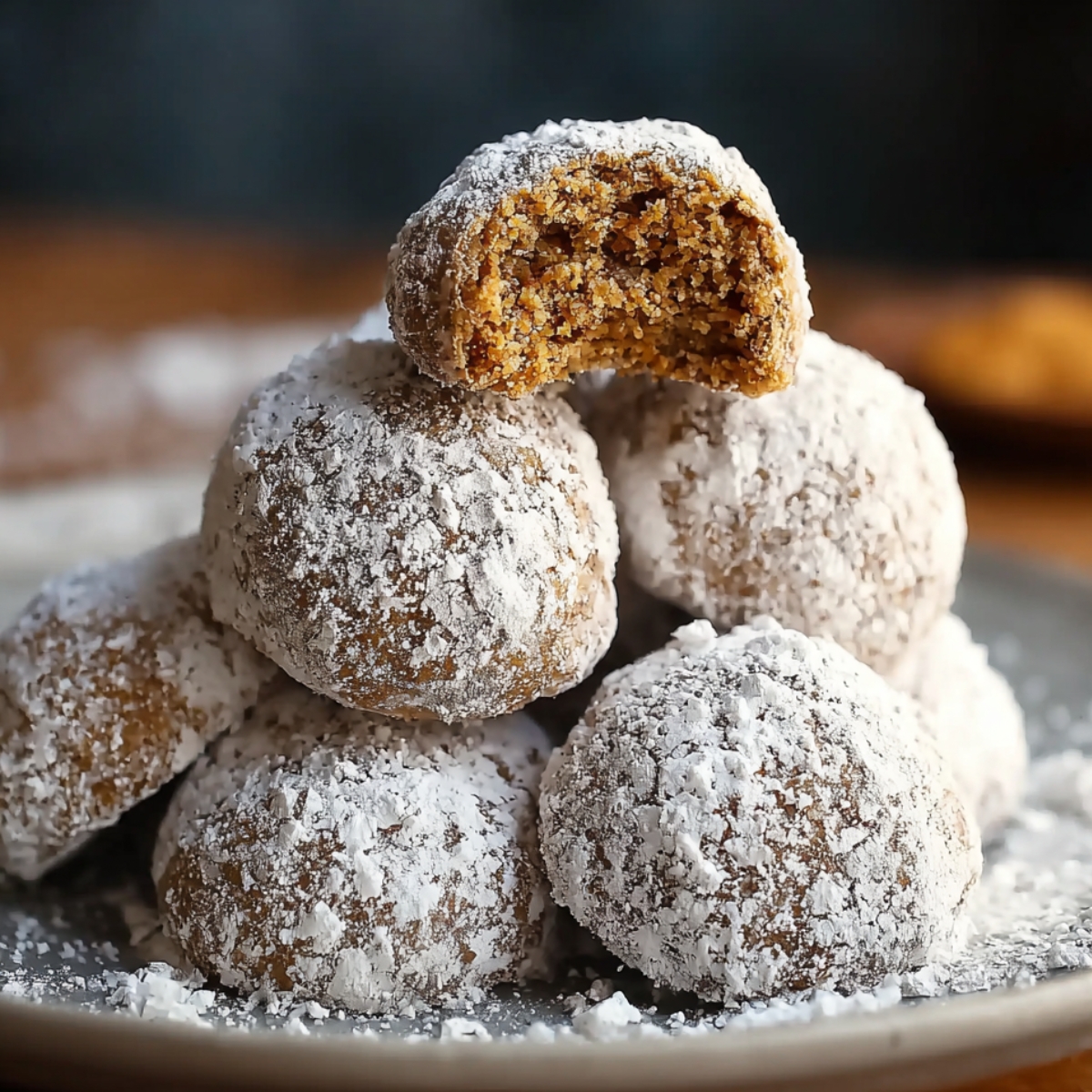 Stack of homemade gingerbread snowball cookies coated in powdered sugar, one bitten to show the soft spiced center, with warm holiday lights in the background.