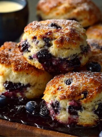 Homemade Blueberry Biscuits stacked on a plate, with blueberry filling spilling out, dusted with powdered sugar. A cup of coffee and a jar of blueberry jam are in the background, with a few blueberries scattered around.