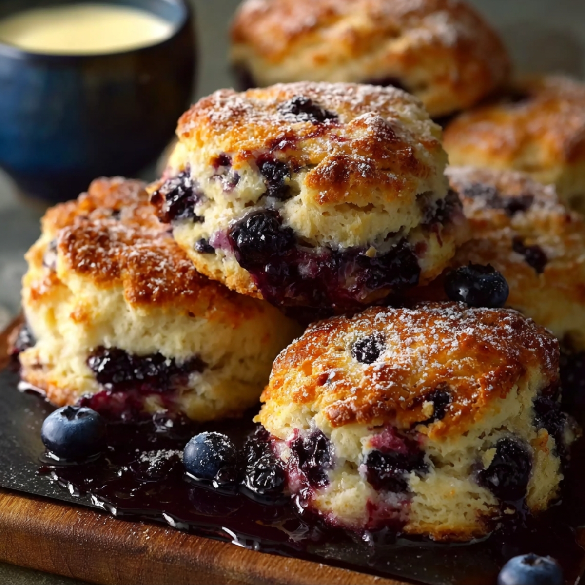 Homemade Blueberry Biscuits stacked on a plate, with blueberry filling spilling out, dusted with powdered sugar. A cup of coffee and a jar of blueberry jam are in the background, with a few blueberries scattered around.