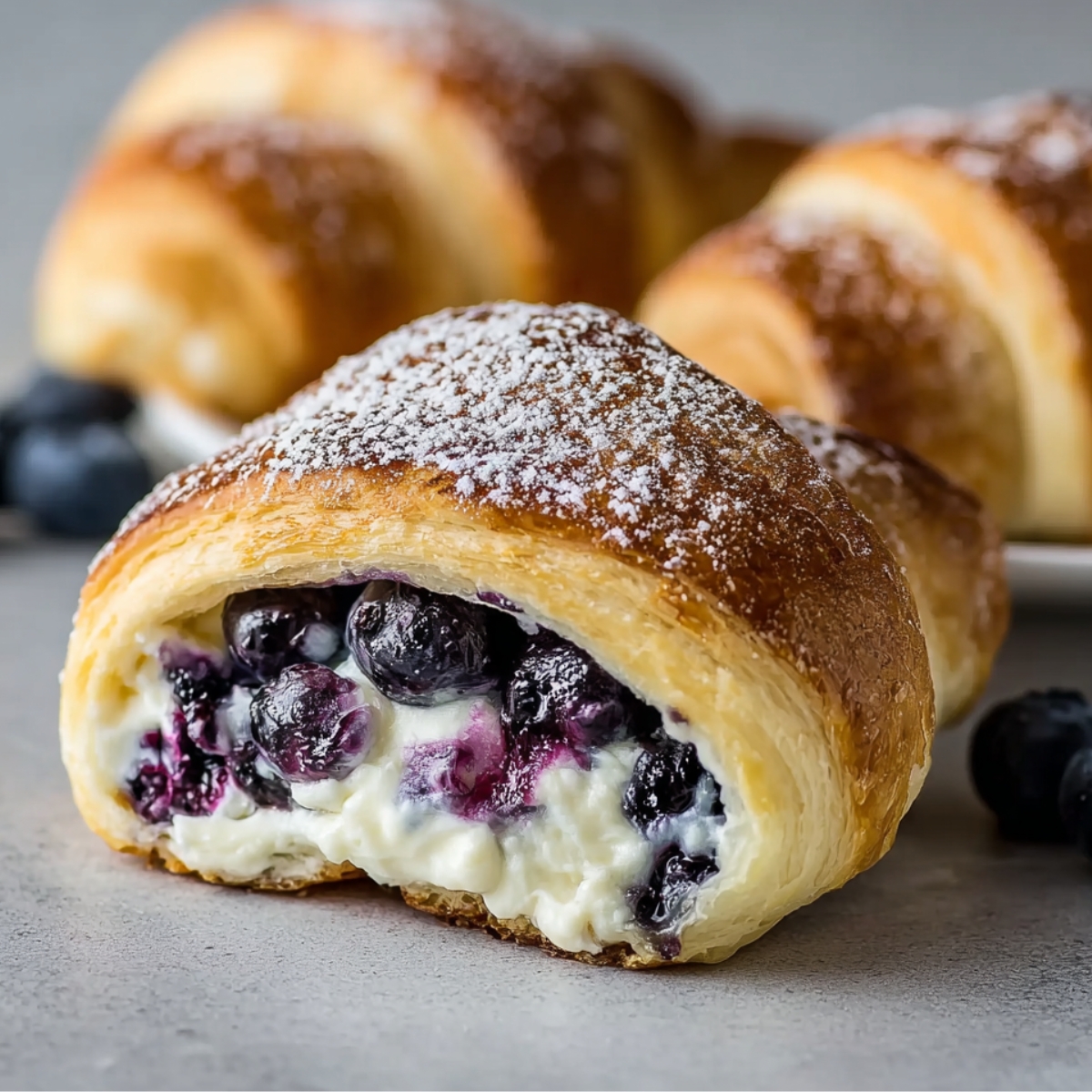 Homemade Blueberry Cream Cheese Crescent Rolls with golden flaky pastry, creamy filling, and juicy blueberries, dusted with powdered sugar on a light surface.