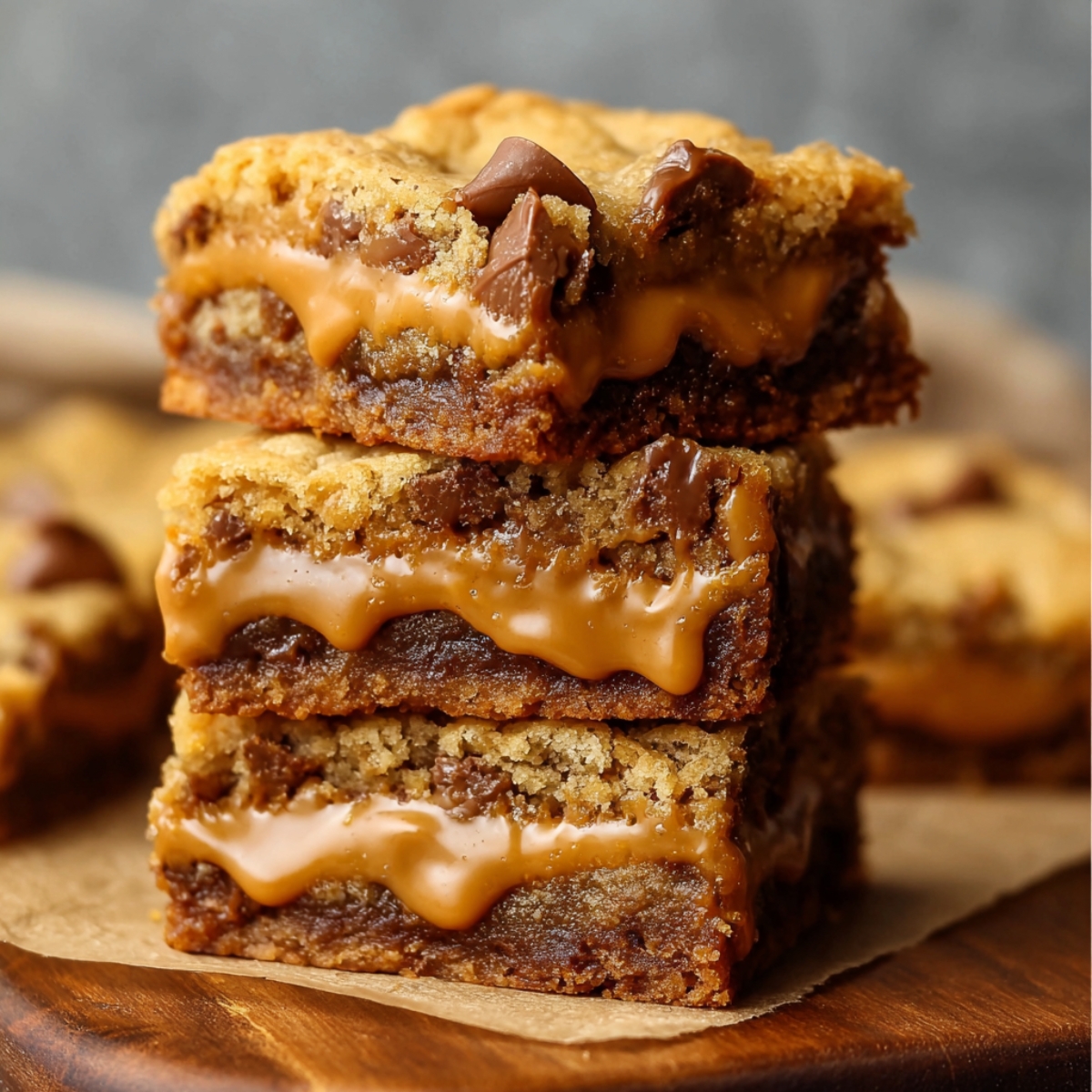 Homemade Butterscotch Toffee Cookie Bars with gooey caramel layers and melted chocolate chips, showing chewy golden centers and crisp edges on a wooden surface lined with parchment paper.