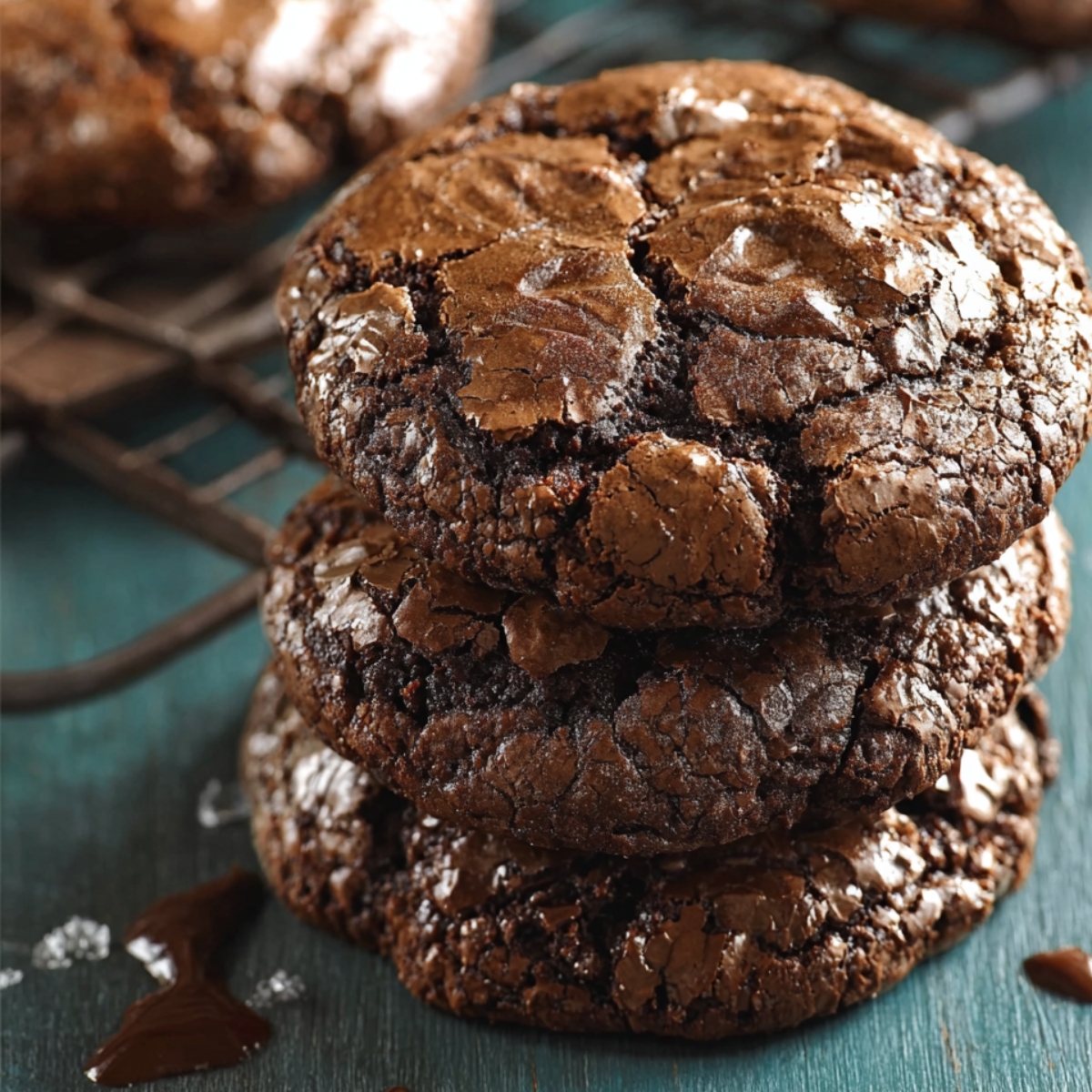 Homemade Chocolate Brownie Cookies with cracked, glossy tops, set against a teal background, capturing a homemade feel.
