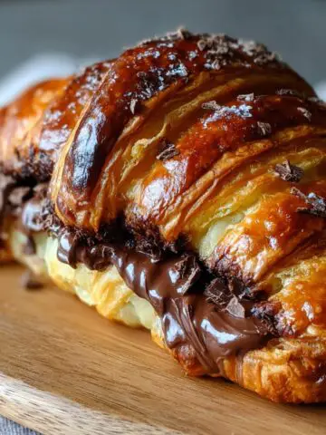 Homemade Chocolate Croissant on a wooden board, with golden, flaky layers and melted dark chocolate oozing from the center, glistening under natural light.