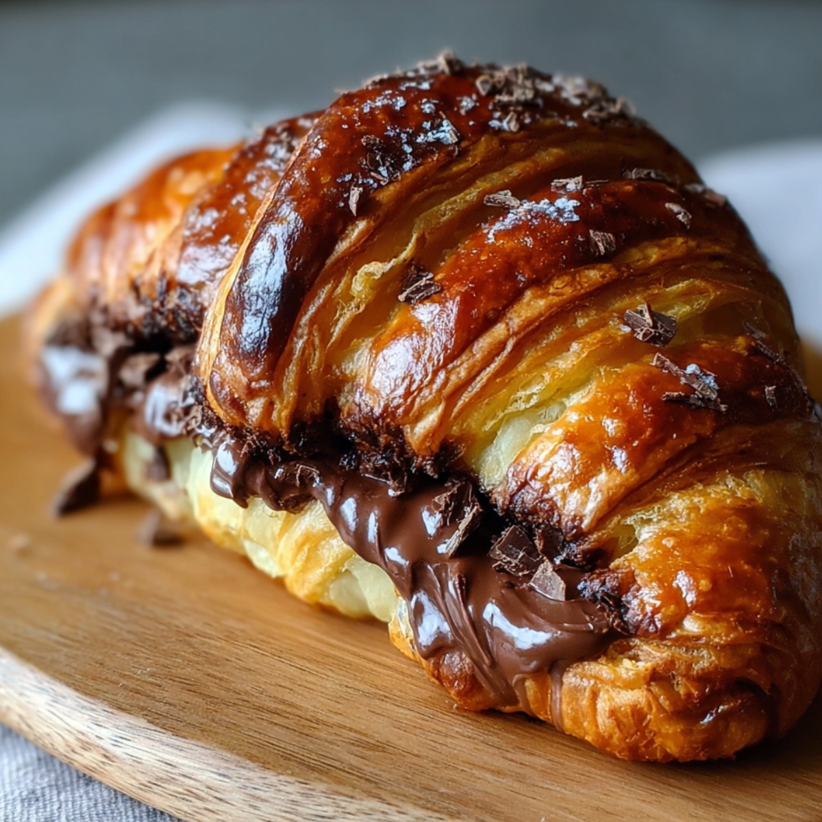 Homemade Chocolate Croissant on a wooden board, with golden, flaky layers and melted dark chocolate oozing from the center, glistening under natural light.