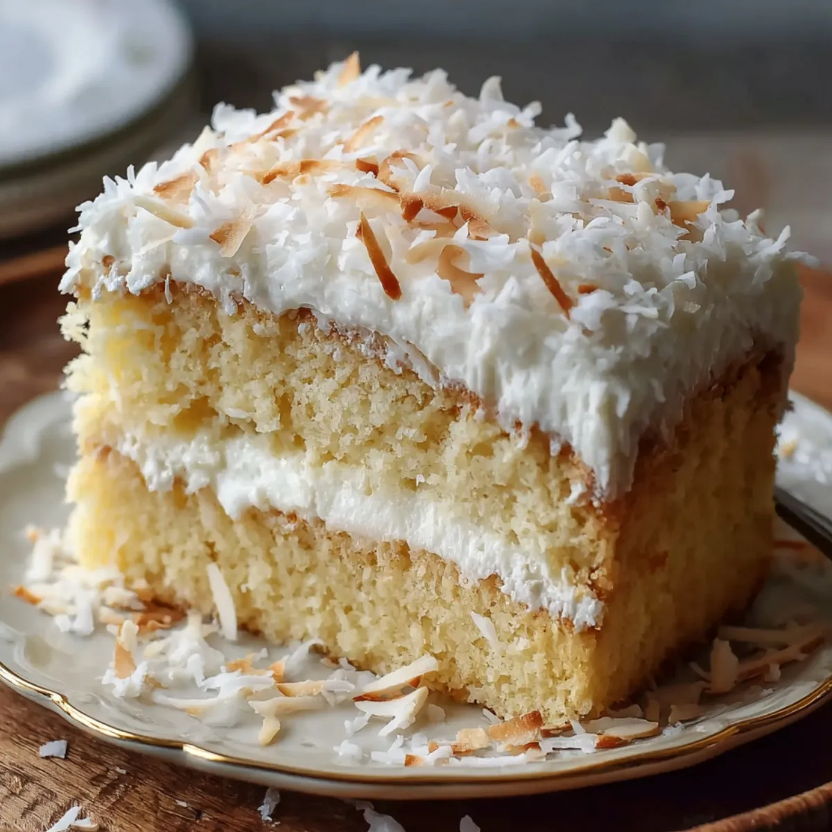 Homemade Coconut Cloud Cake with fluffy yellow layers, creamy white frosting, and shredded plus toasted coconut on top, served on a plate.