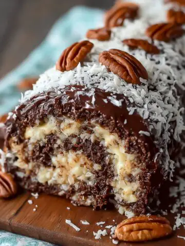 Homemade German Chocolate Cake Roll on a wooden board, filled with coconut pecan cream, coated in chocolate frosting and shredded coconut, topped with toasted pecans, warm natural light, rustic homemade feel.