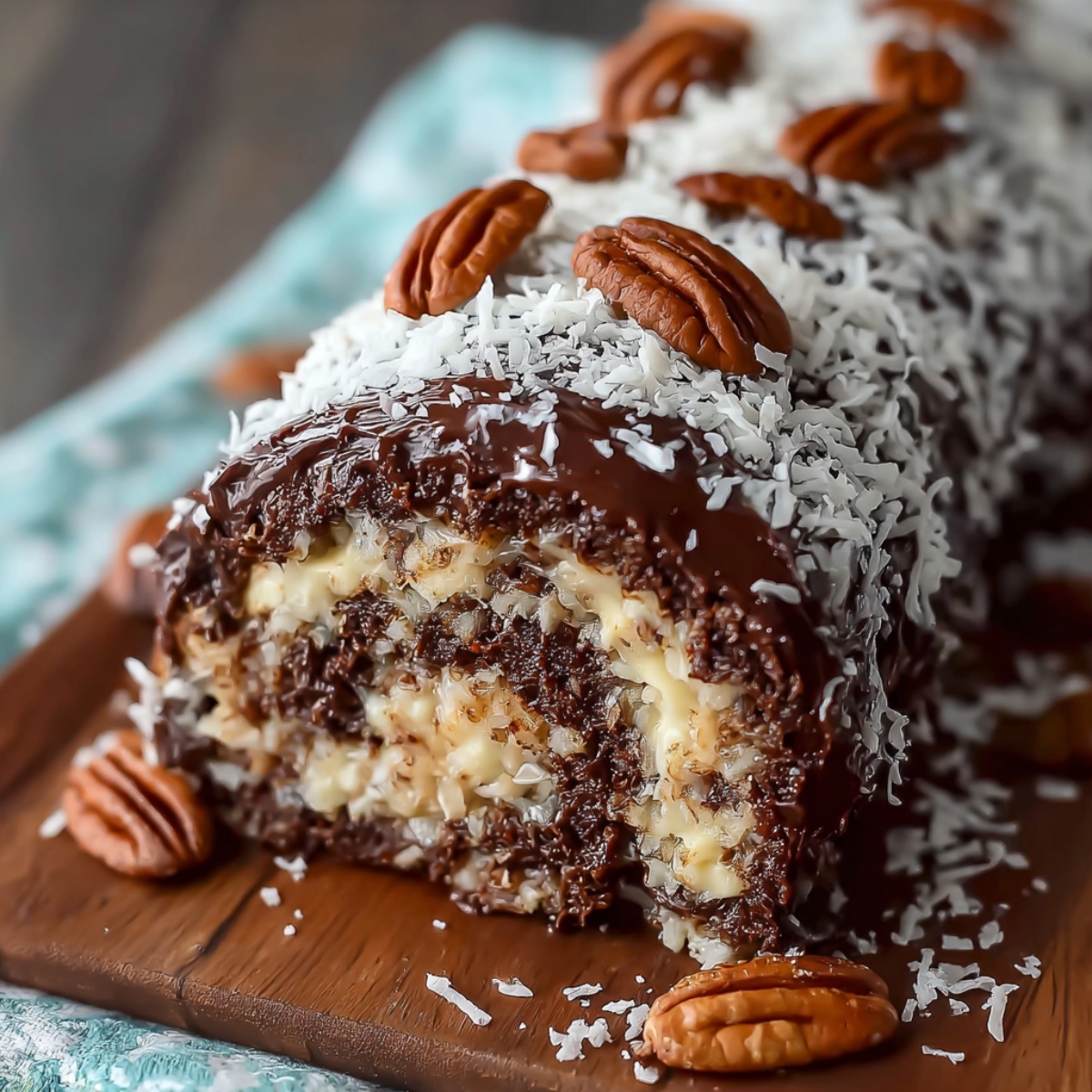 Homemade German Chocolate Cake Roll on a wooden board, filled with coconut pecan cream, coated in chocolate frosting and shredded coconut, topped with toasted pecans, warm natural light, rustic homemade feel.