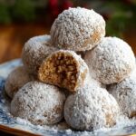 Homemade Gingerbread Snowball Cookies dusted with powdered sugar, one bitten to show the soft spiced center, warmly lit on a rustic plate.