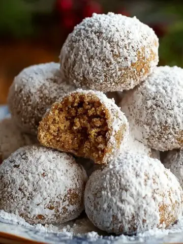 Homemade Gingerbread Snowball Cookies dusted with powdered sugar, one bitten to show the soft spiced center, warmly lit on a rustic plate.