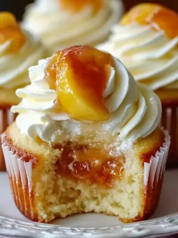 Homemade Honey Peach Cream Cheese Cupcakes with a bite taken out, showing peach filling, topped with cream cheese frosting, a peach slice, and a honey drizzle.