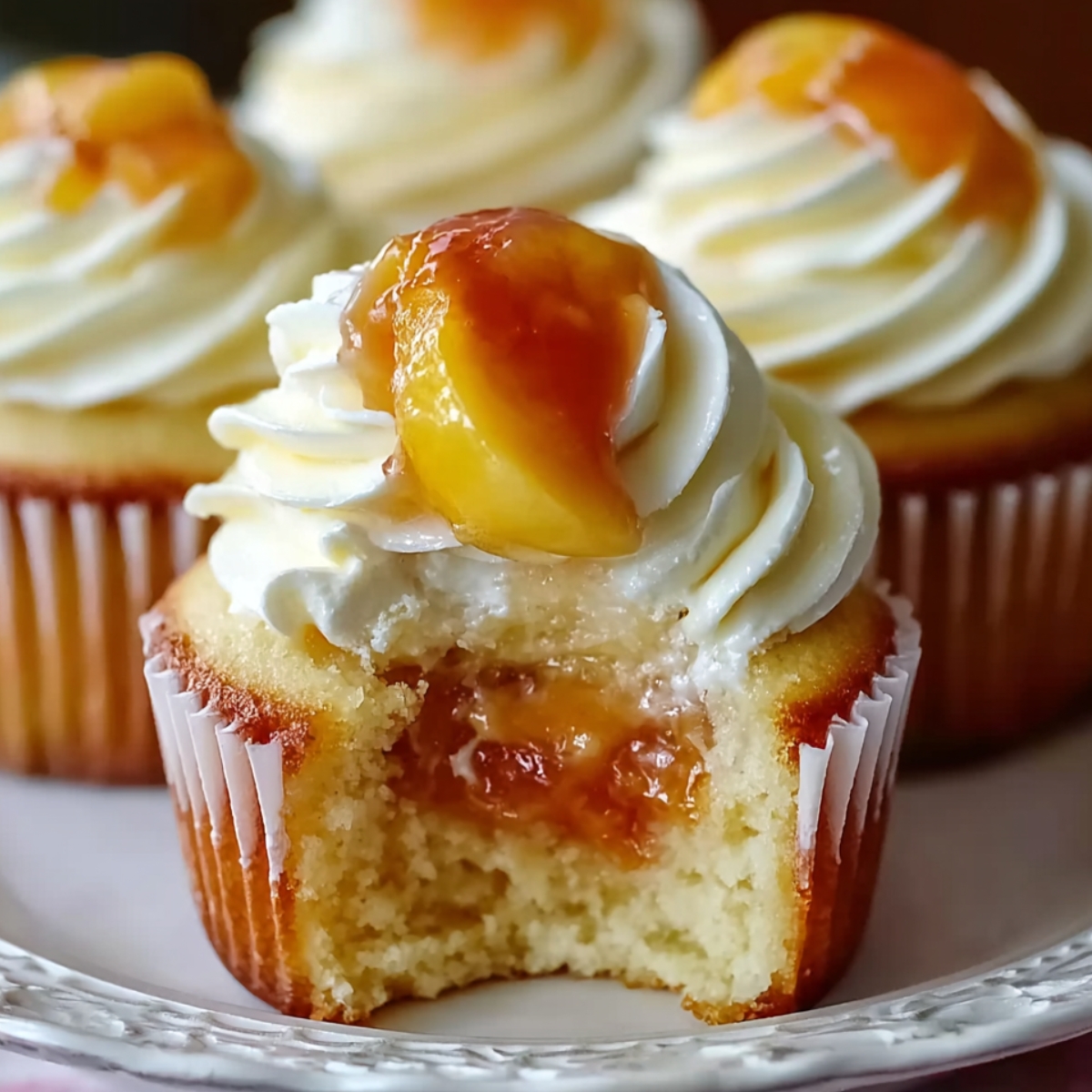 Homemade Honey Peach Cream Cheese Cupcakes with a bite taken out, showing peach filling, topped with cream cheese frosting, a peach slice, and a honey drizzle.