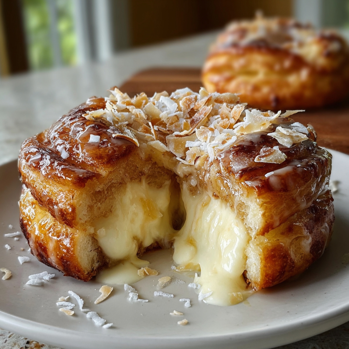 Homemade Kings Hawaiian Cheesecake Danish with golden-brown pastry, drizzled glaze, toasted coconut, and creamy cheesecake filling oozing from the center.