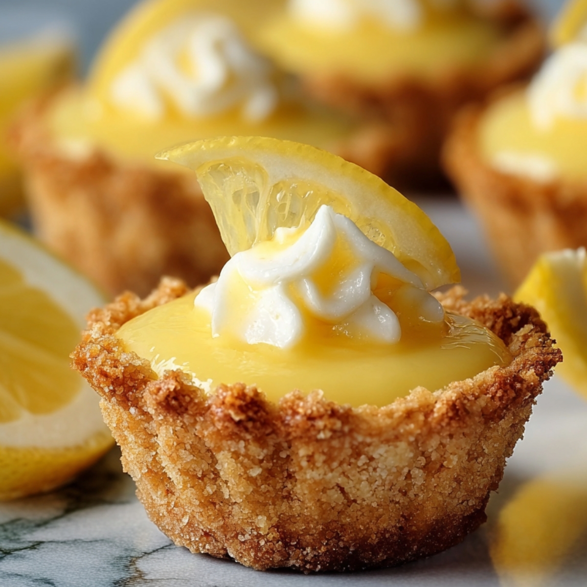 Homemade Lemon Curd Cookie Cups topped with fresh lemon slices and overflowing with creamy lemon filling on a wooden coaster.