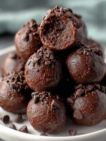 Homemade no bake brownie bites stacked on a white plate, topped with mini chocolate chips and a glossy chocolate finish, with one bite showing the fudgy texture inside.