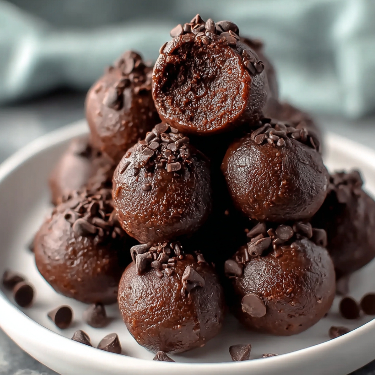 Homemade no bake brownie bites stacked on a white plate, topped with mini chocolate chips and a glossy chocolate finish, with one bite showing the fudgy texture inside.