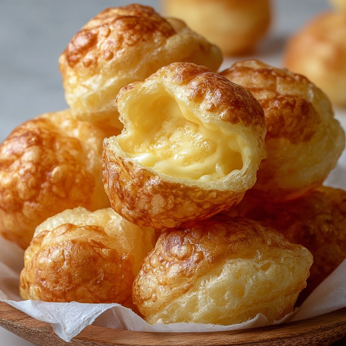 Homemade Nun Puffs in a wooden bowl, one broken open to show the soft, hollow center, crisp and freshly baked with warm natural light.