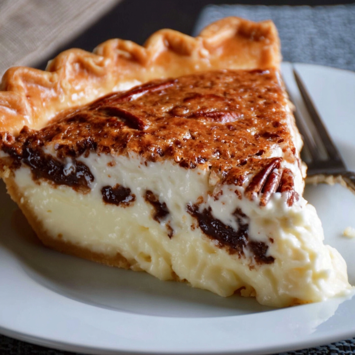 Homemade Possum Pie slice on a white plate, showing creamy vanilla and chocolate layers under a golden pecan crust with a fork beside it in soft natural light.