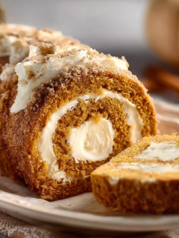 Homemade pumpkin spice roll cake with cream cheese filling and cinnamon sugar dusting on a plate.