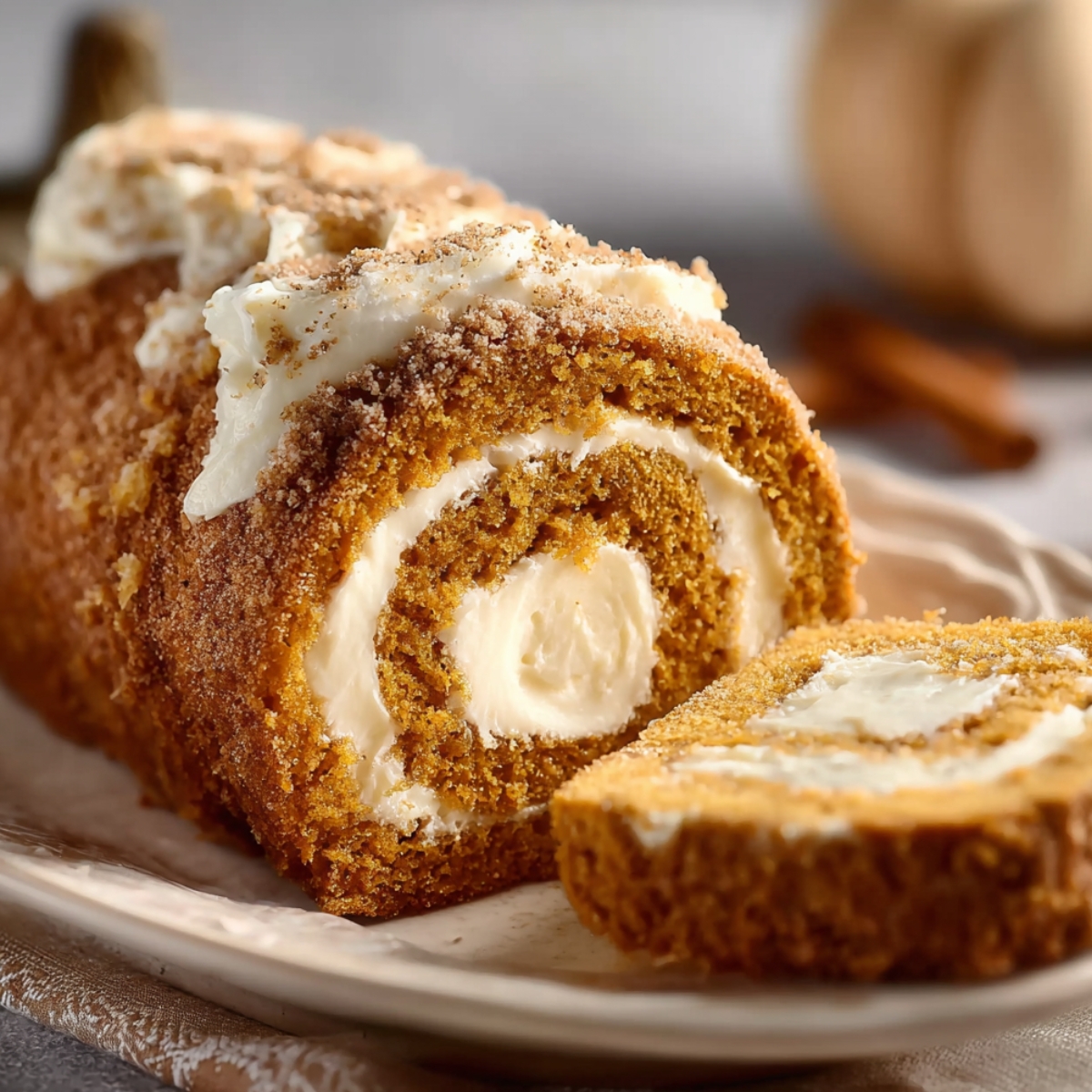 Homemade pumpkin spice roll cake with cream cheese filling and cinnamon sugar dusting on a plate.