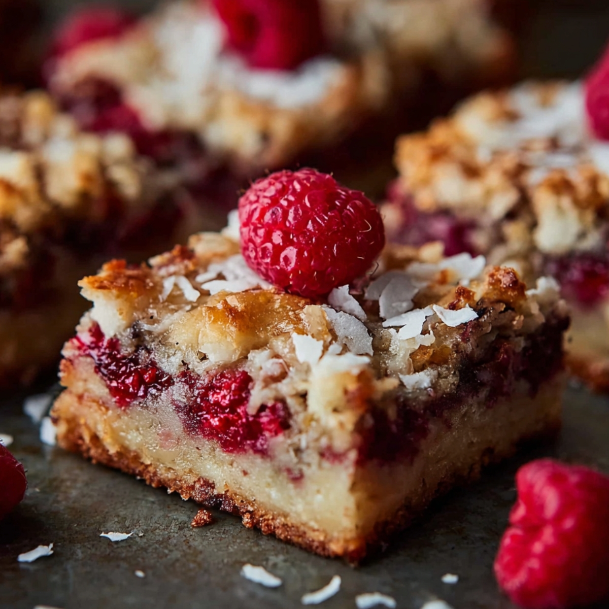 Homemade Raspberry Coconut Magic Bars topped with a fresh raspberry and coconut flakes, showing its golden crust, gooey raspberry layer, and chewy texture in warm natural light.